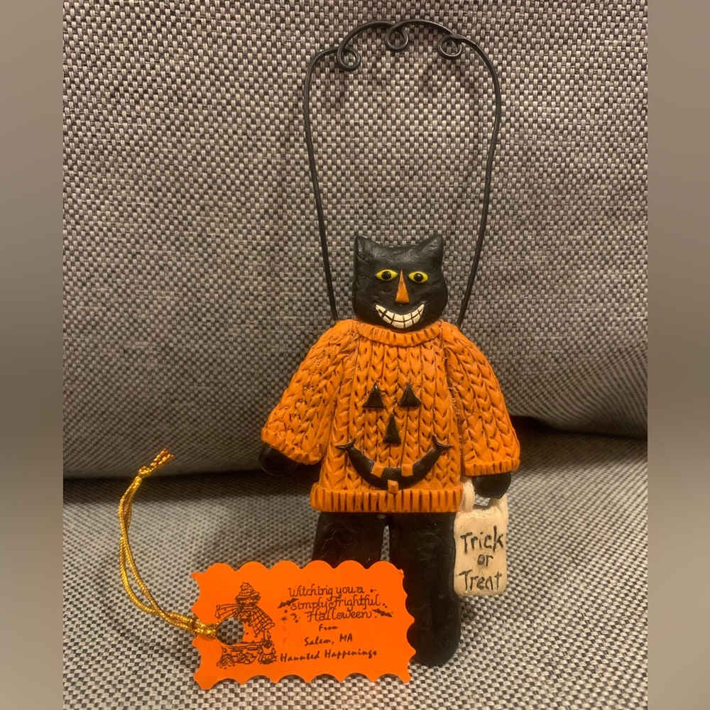 Catherine Lillywhites Whimsical Halloween Pumpkin Sweater Cat Folk Art Ornament